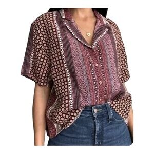 Rachel Zoe Linen Aztec Tribal Print Crop Top‎ Blouse Button Front Size M